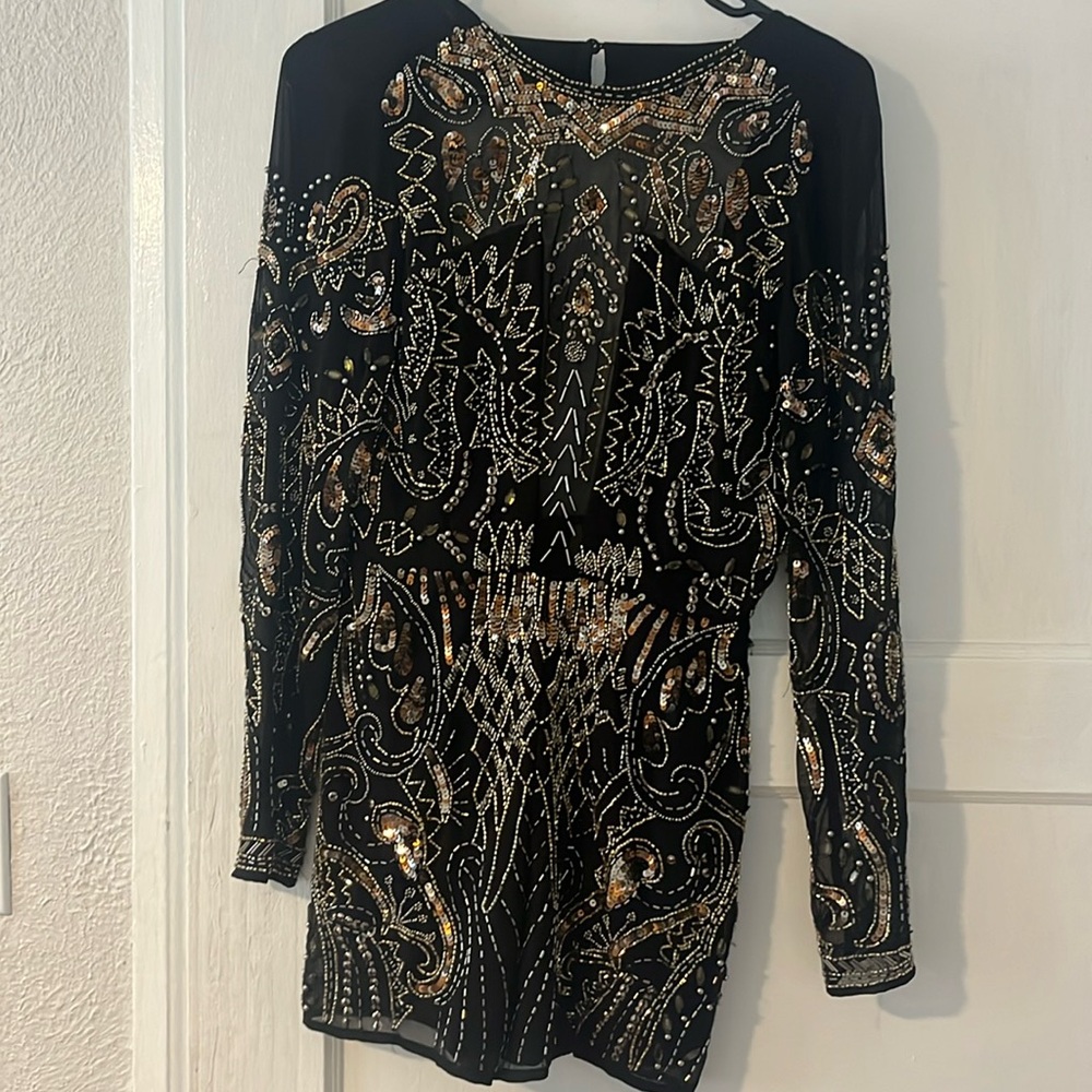 Black sequin and beaded open back short romper US 4